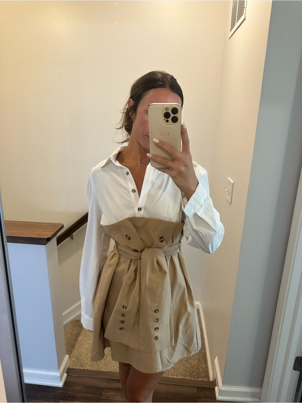 White Button-Up Top with Tan Trench-Style Skirt Dress